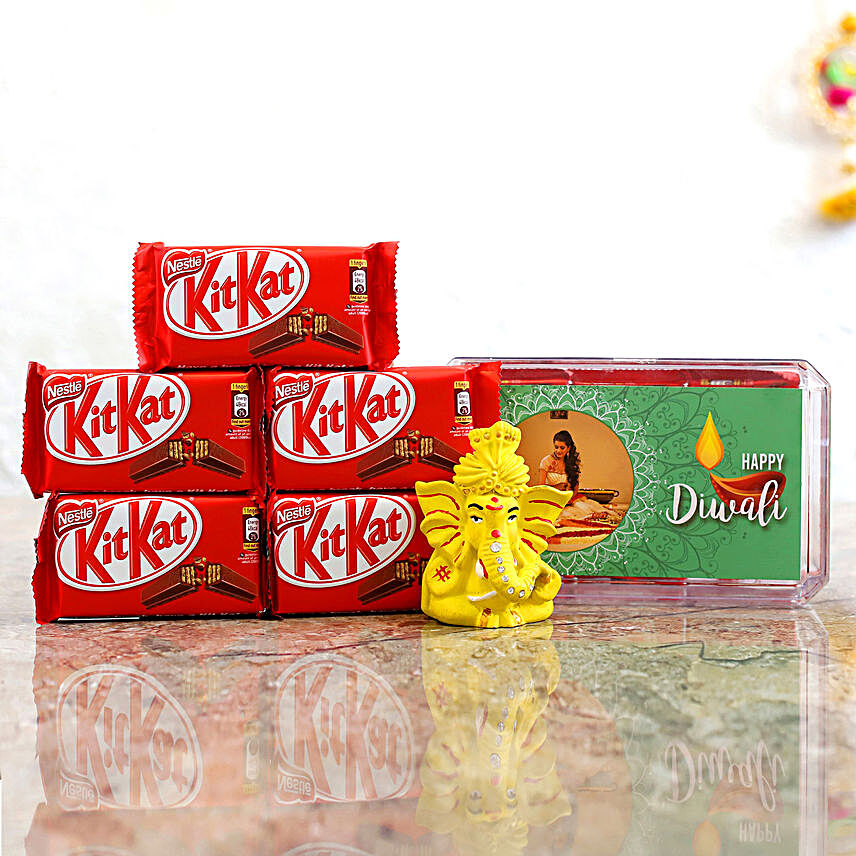 Personalised Green Diwali Box With Pagdi Ganesha Idol & Kitkat Combo