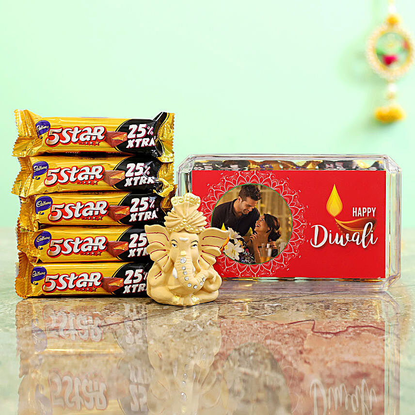 Personalised Pink Diwali Box With Beige Ganesha Idol & Cadbury 5 Star Combo