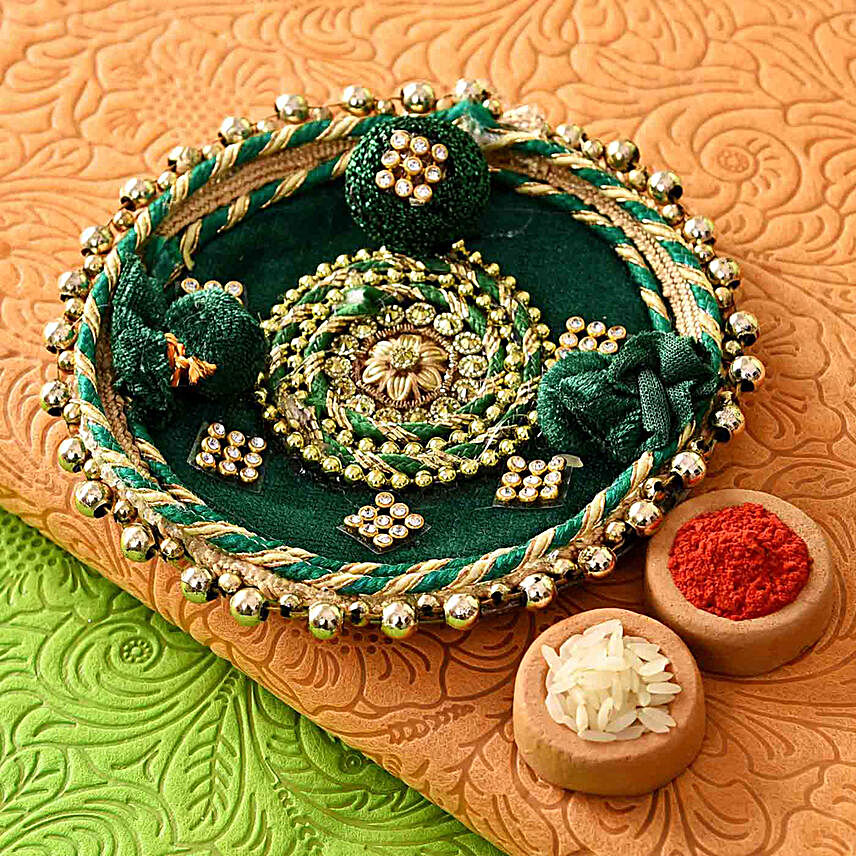Green Velvet Floral Bhaidooj Pooja Thali
