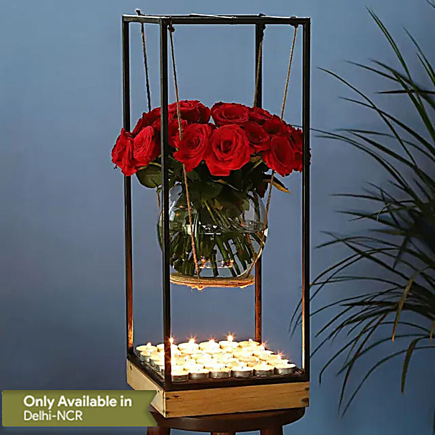 red roses in fishbowl with iron stand online