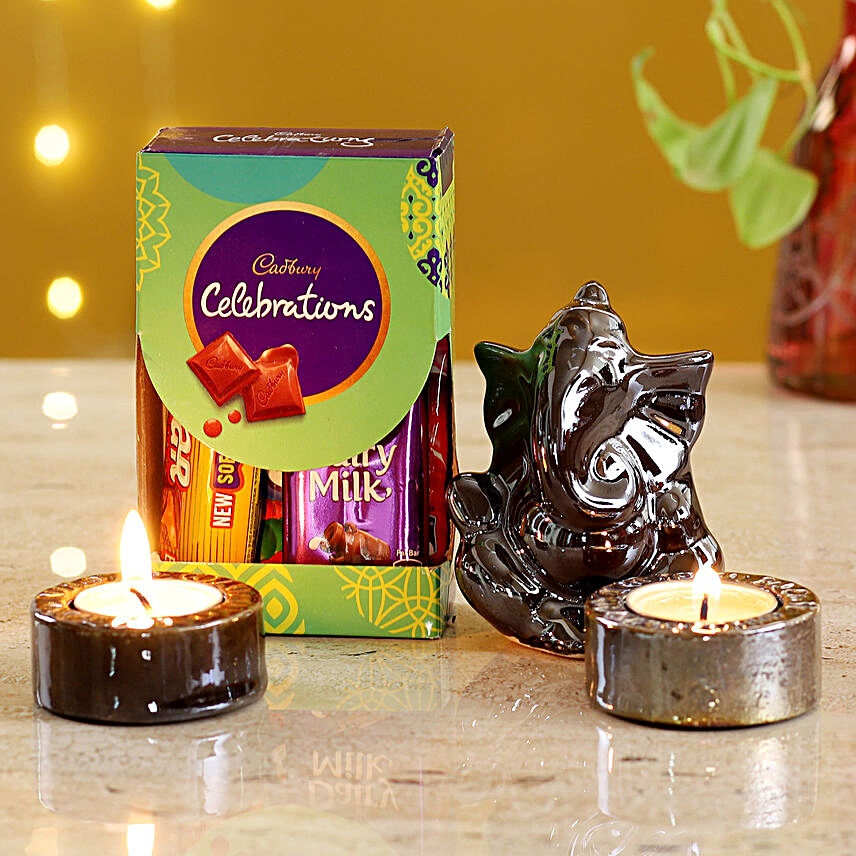 Brown Ganesha Idol & Candles With Cadbury