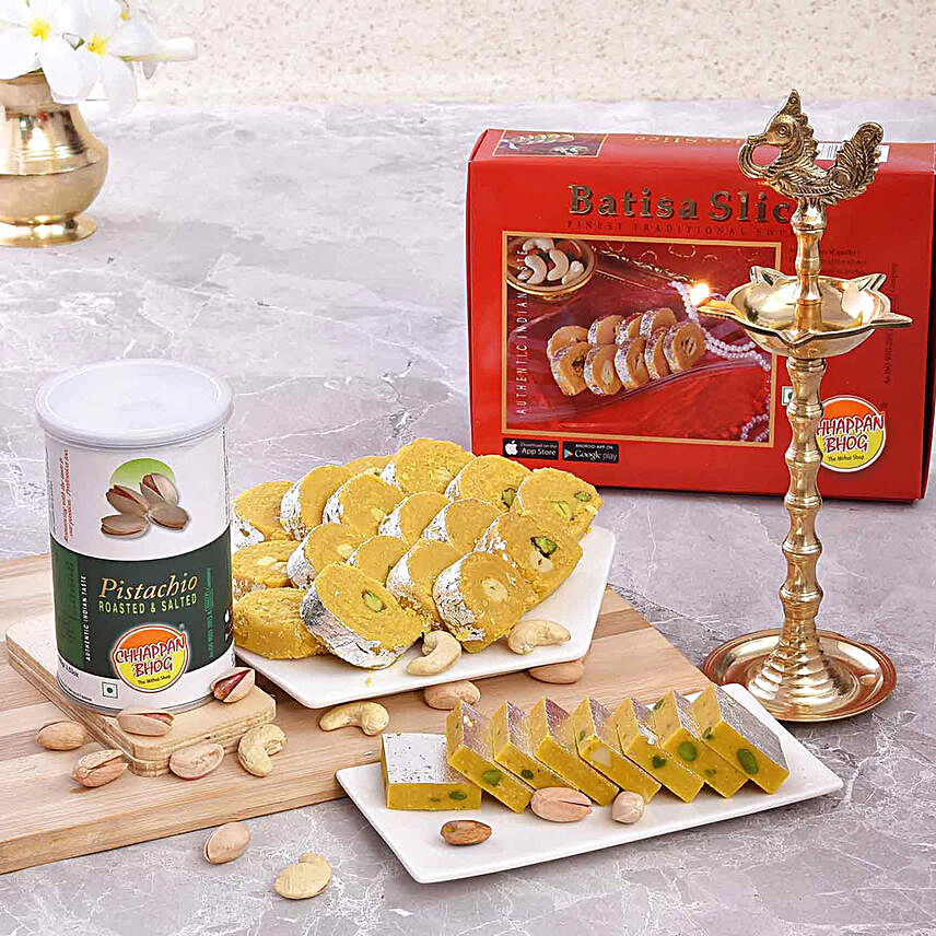 Chhappan Bhog Sweets & Pistachios With Rudraksha Deep