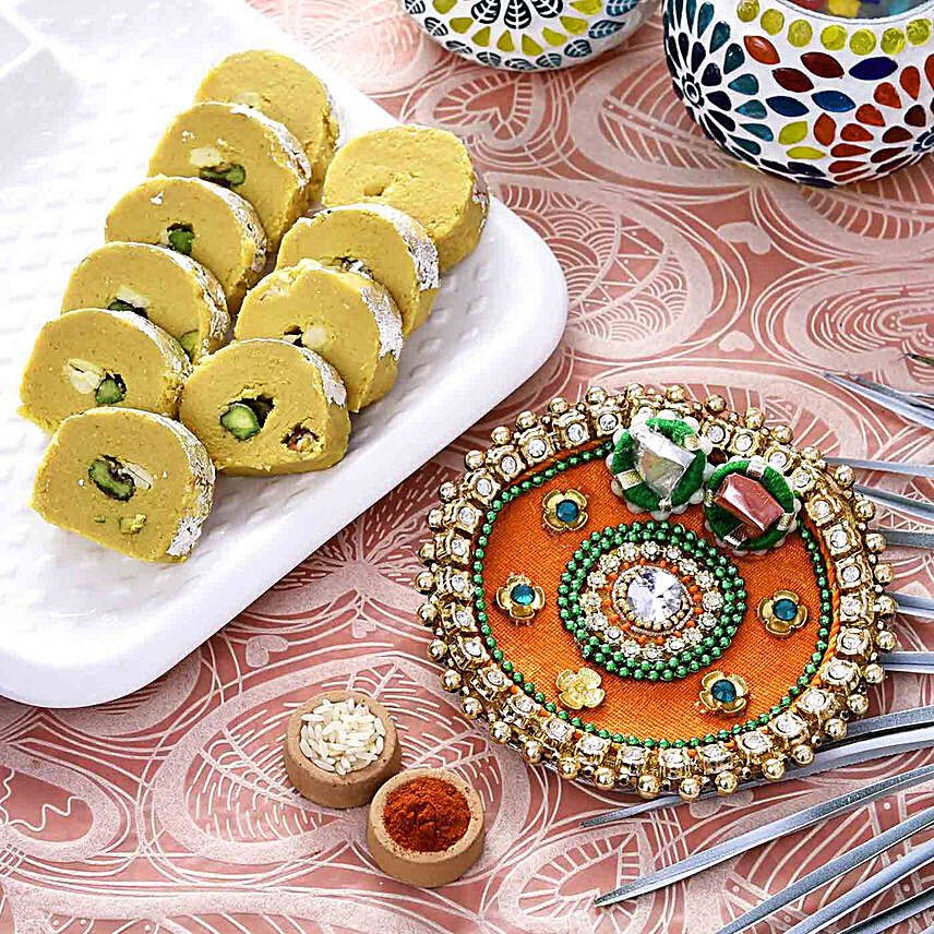 Festive Orange Pooja Thali With Batisa Combo