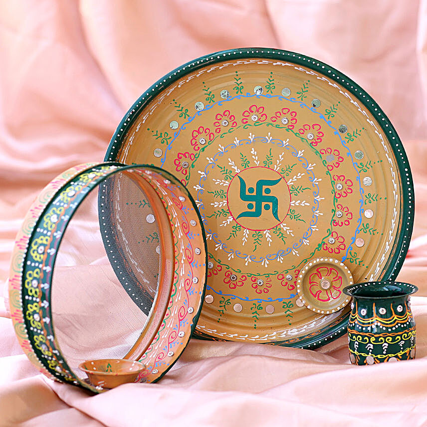 Traditional Design Cream Karwa Chauth Thali Set