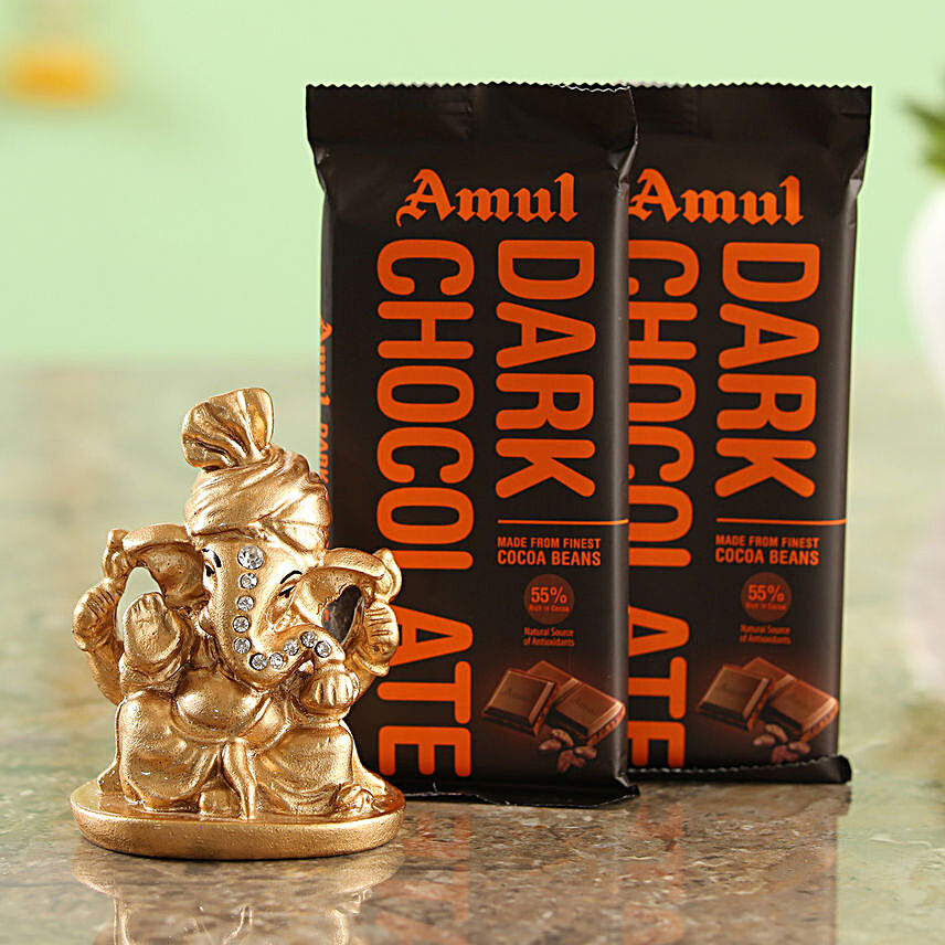 Two Amul Dark Chocolates & Beige Ganesha Idol Combo  Online:Ganesh Idols