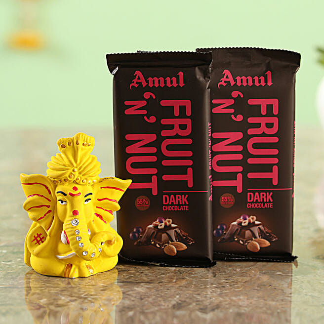 Buy/Send Two Amul Fruit N Nut Chocolates & Yellow Ganesha Idol Combo