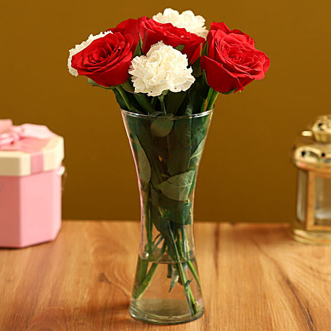 Buy/Send Red Roses & White Carnations Online FNP