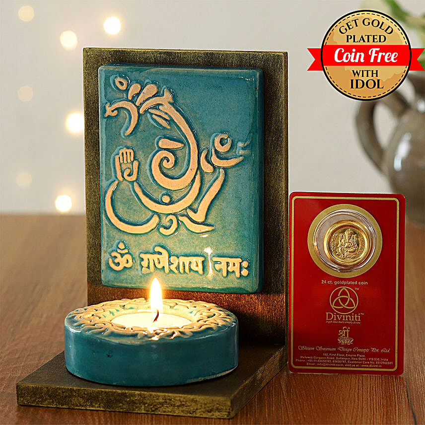 24 Carat Gold Plated Coin Free With Elegant Ganesha Tealight Holder