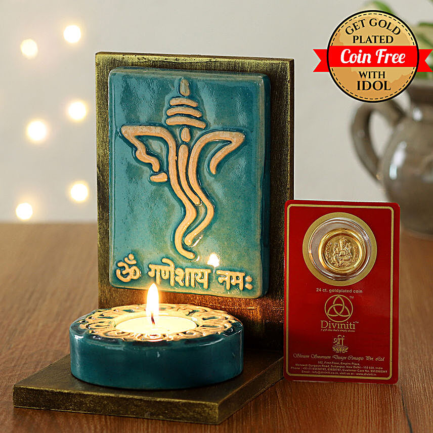24 Carat Gold Plated Coin Free With Face Of Ganesha Tealight Holder