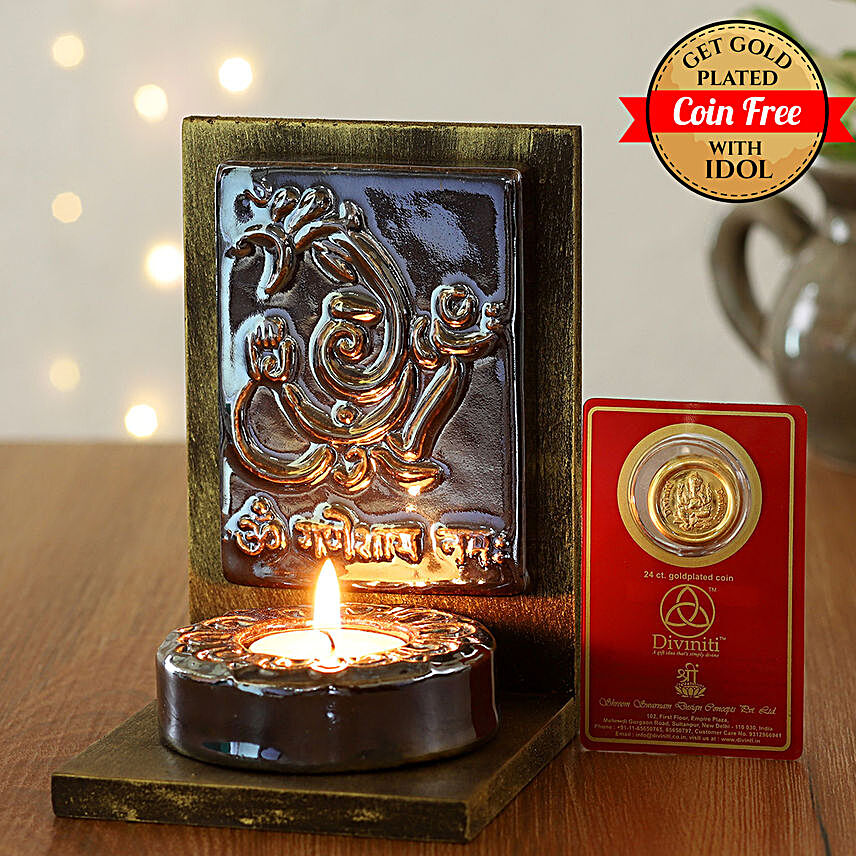 24 Carat Gold Plated Coin Free With Ganesha Tealight Holder Brown