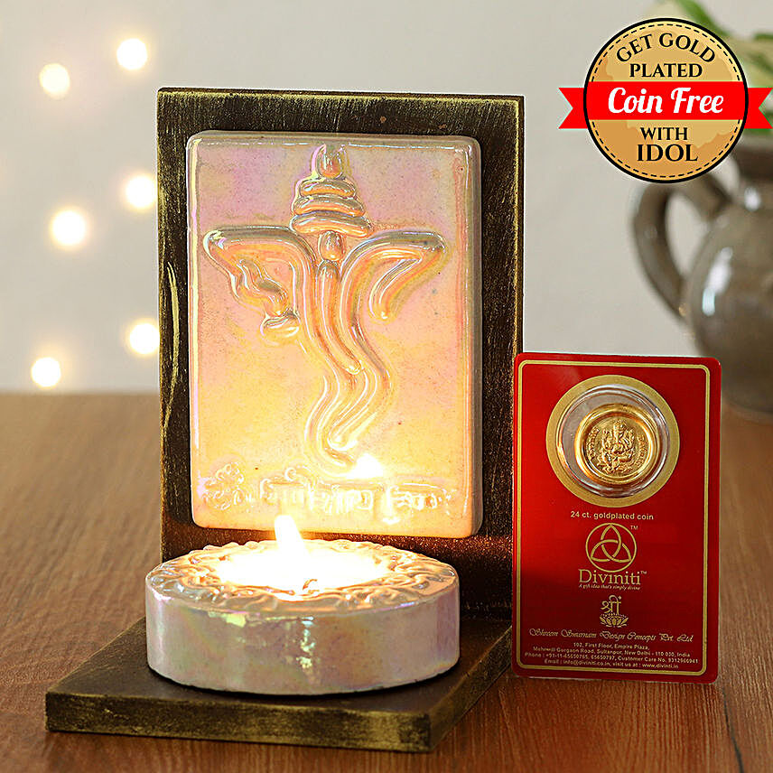 24 Carat Gold Plated Coin Free With Lord Ganesha Face Tealight Holder