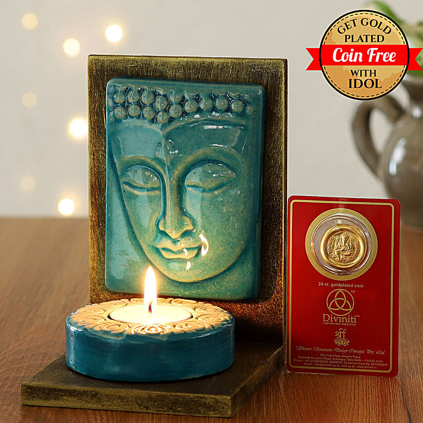 24 Carat Gold Plated Coin Free With Peaceful Buddha Tealight Holder