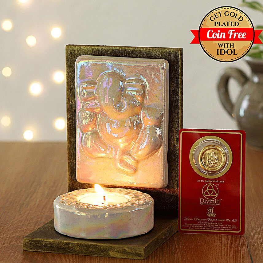 24 Carat Gold Plated Coin Free With White Ganesha Tealight Holder