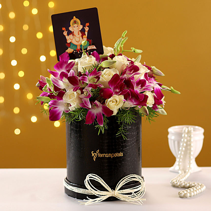 Classy Floral Box Arrangement With Ganesha Table Top