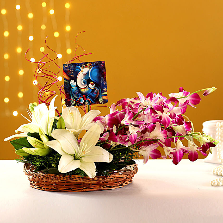 Lilies & Orchids Arrangement With Ganesha Table Top