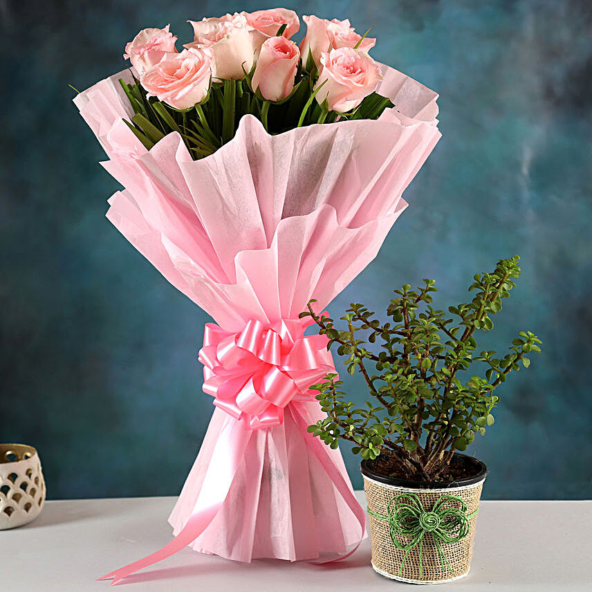 Jade Plant & Pink Rose Bouquet