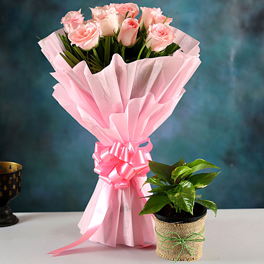 Money Plant & Pink Rose Bouquet