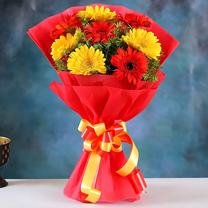 Glorious Red Yellow Gerbera Blossoms:Anniversary Flowers