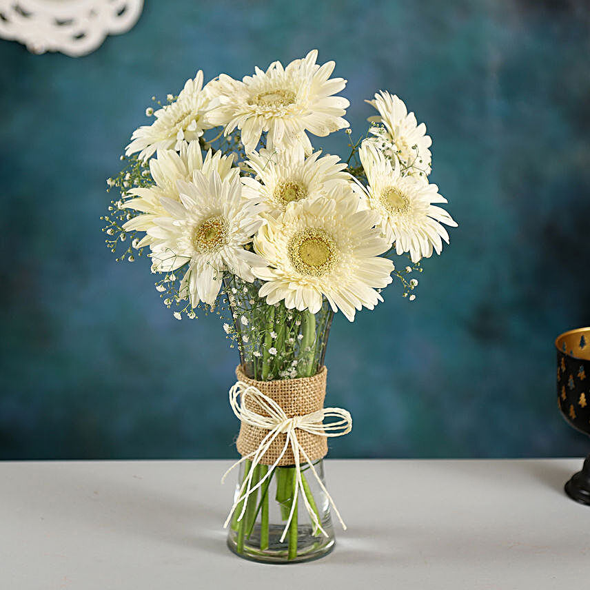 Serene White Gerbera Vase:Karwa Chauth Gifts For Saas