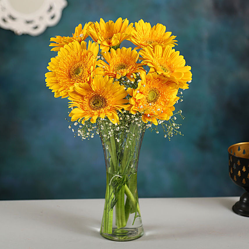 Yellow Mystique Gerbera Vase:Flower Arrangement In Vase