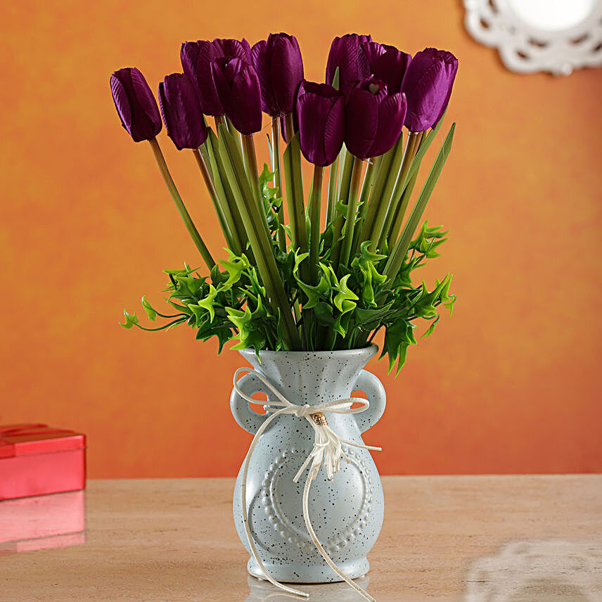 Artificial Midnight Purple Tulips Vase
