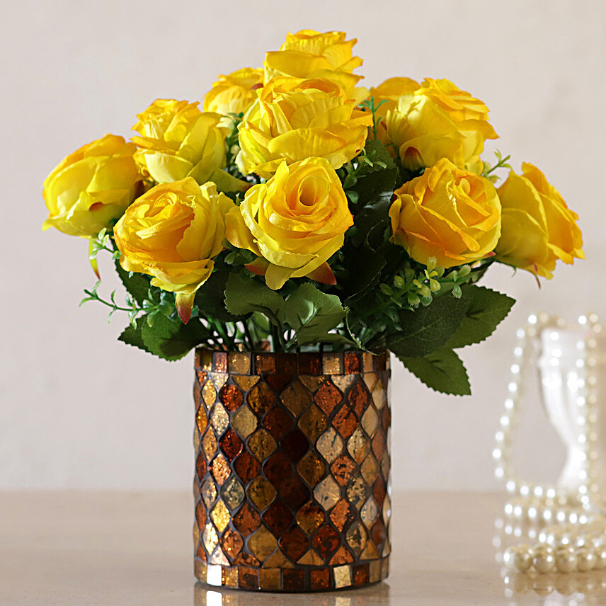 Sunshine Yellow Artificial Roses Vase