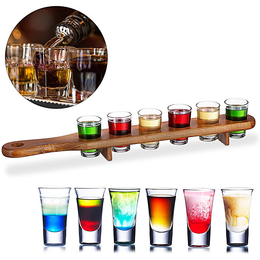 Wooden 6 Shot Glass Holder Paddle Plate