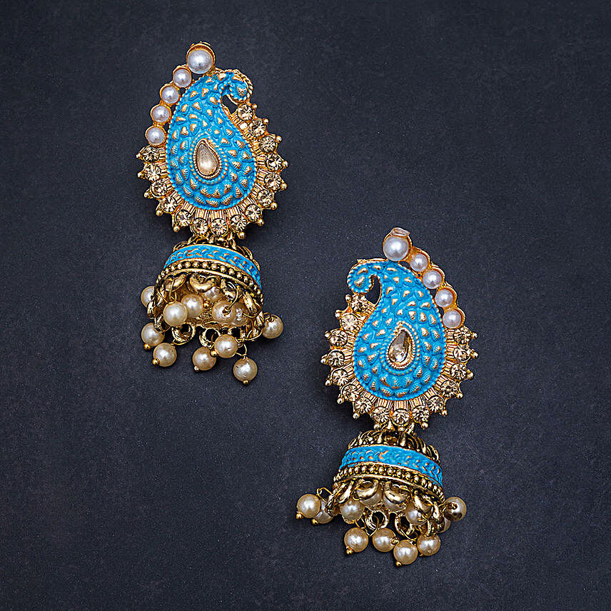 Gold Plated Blue Colour Peacock Design Jhumka