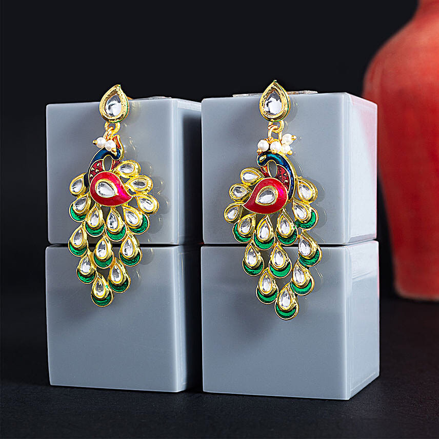 Gold Plated Multi Colour Peacock Design Drop Earrings