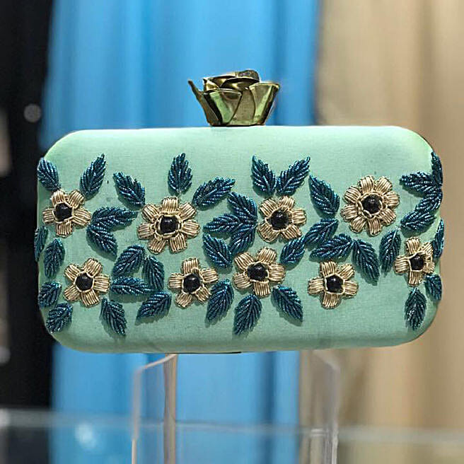Buy/Send Sky Blue Embellished Clutch Bag Online- FNP