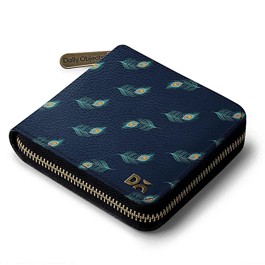 Online Navy Feathers Zip Wallet:Leather Gifts