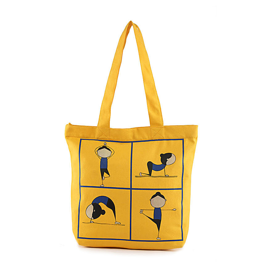 Yoga Pose Printed Solid Tote-Yellow:Tote Bags Gifts