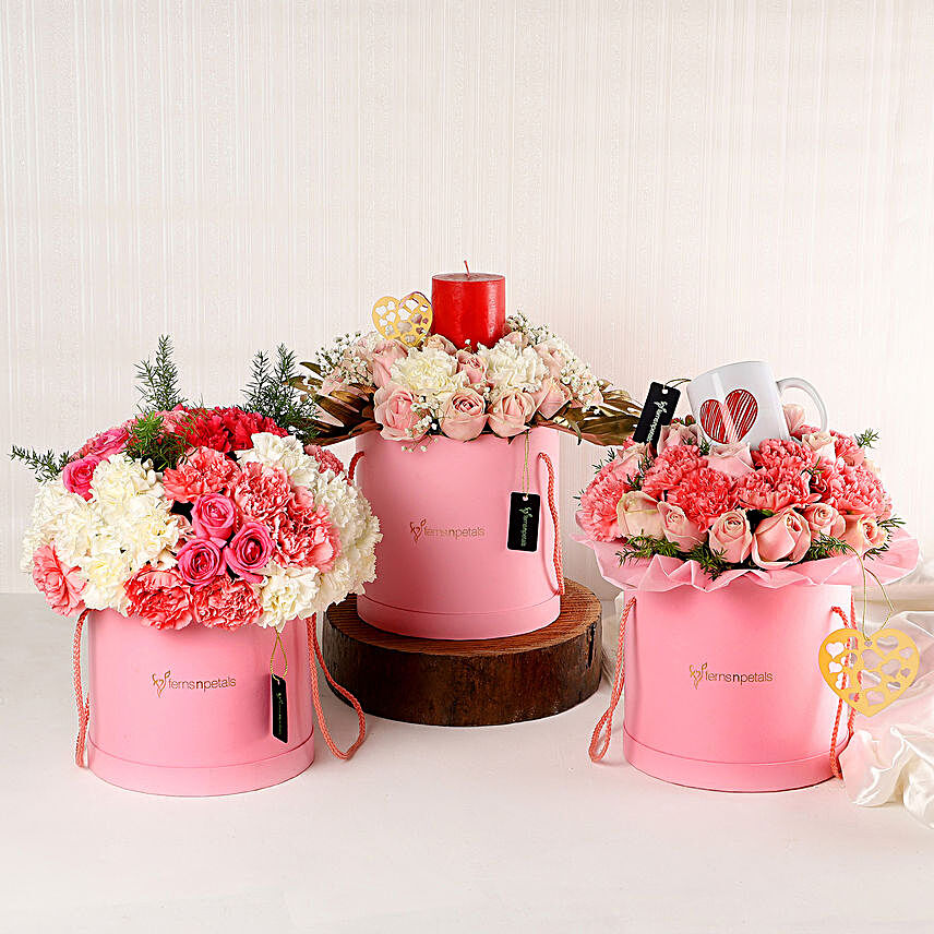 Premium Mixed Flowers Pink Boxes Trio