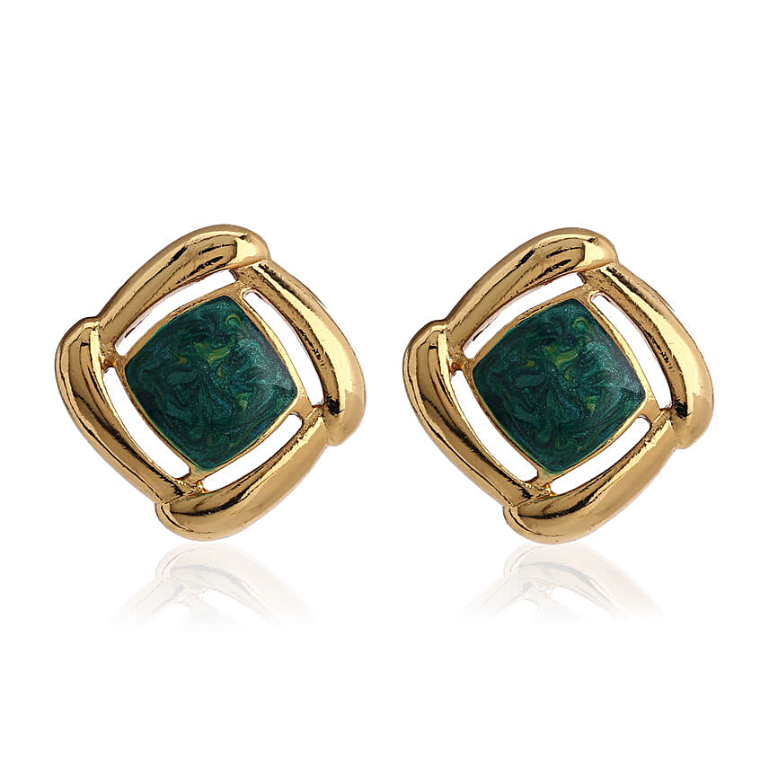 Estele Gold Plated Green Enamel Stud Earrings