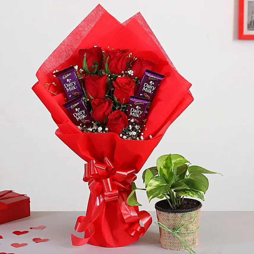 Red Roses Bouquet With Money Plant & Chocolates