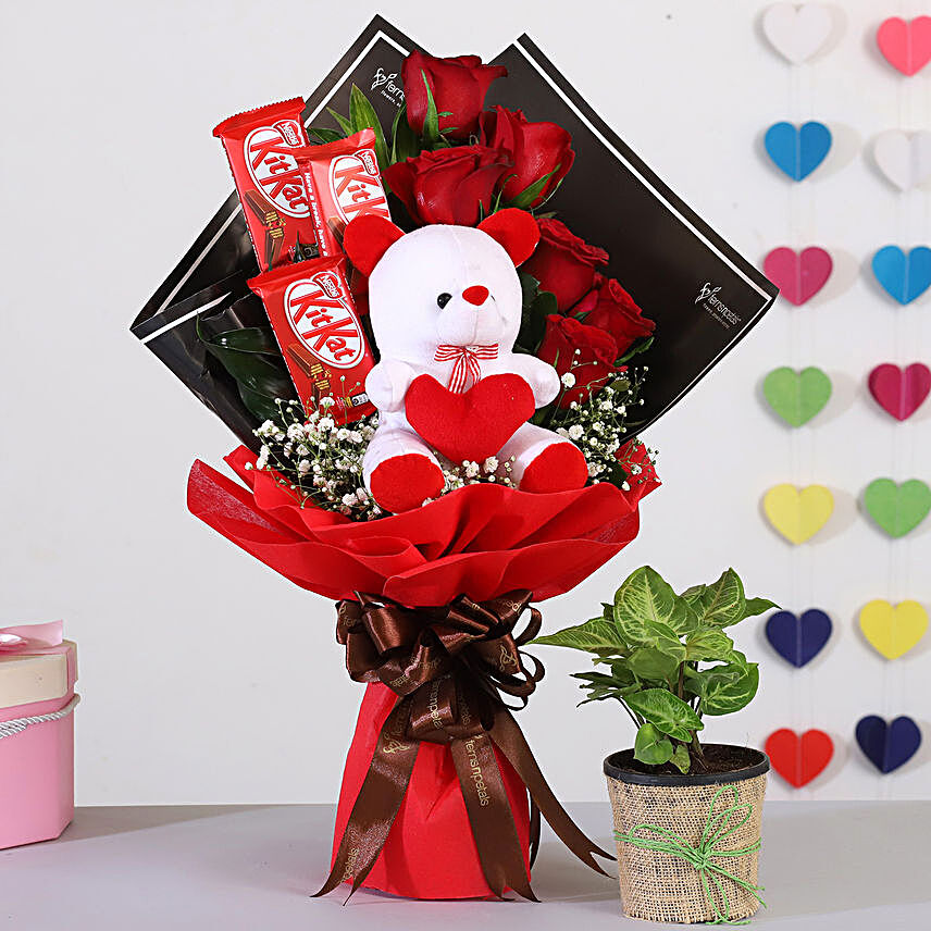Red Roses Bouquet With Syngonium Plant Kitkat:Flower N Teddy