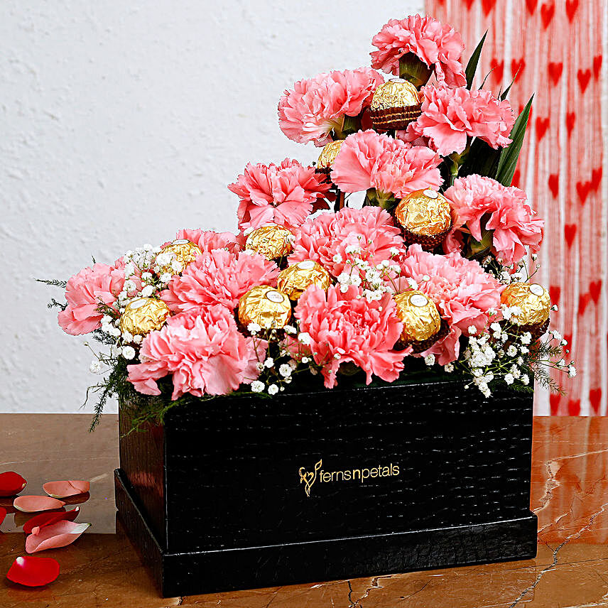 Pink Carnations Ferrero Rocher Arrangement In FNP Box