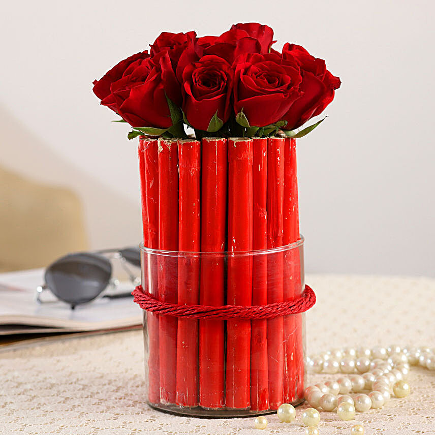 Bunch Of 12 Red Roses In Cylindrical Vase