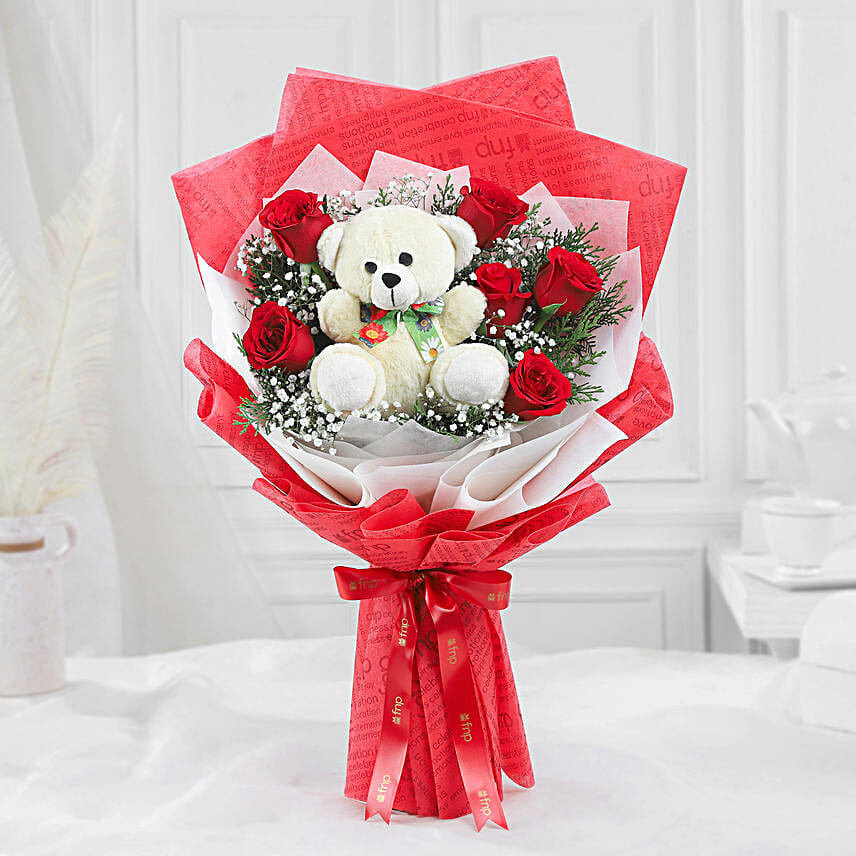 Bunch Of 6 Red Roses Teddy Bear Combo