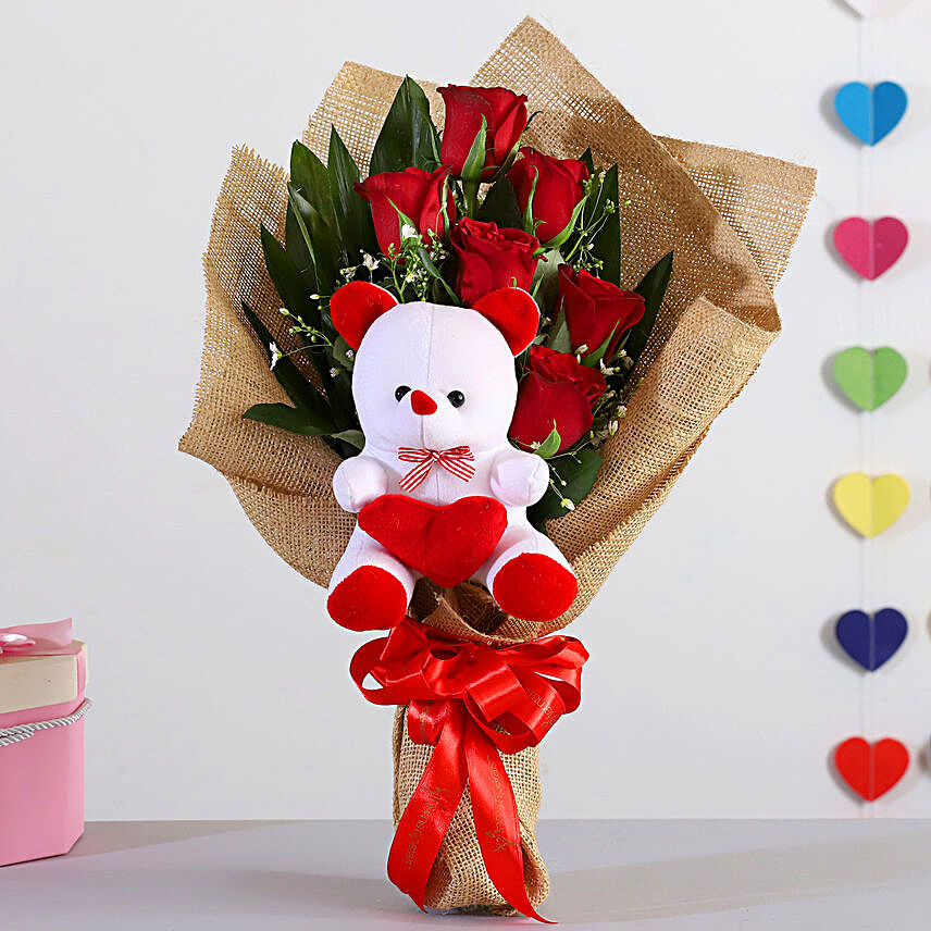 Bunch Of 6 Red Roses With Teddy Bear