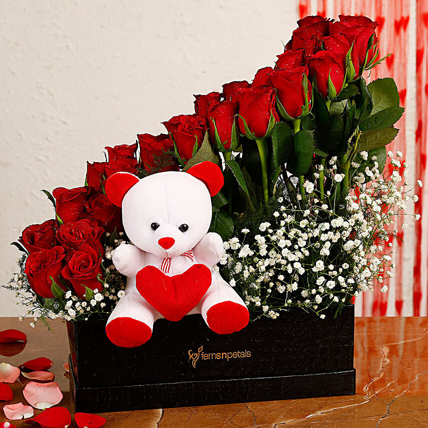 Red Roses Arrangement In Black FNP Box With Teddy:Flowers & Teddy Bears