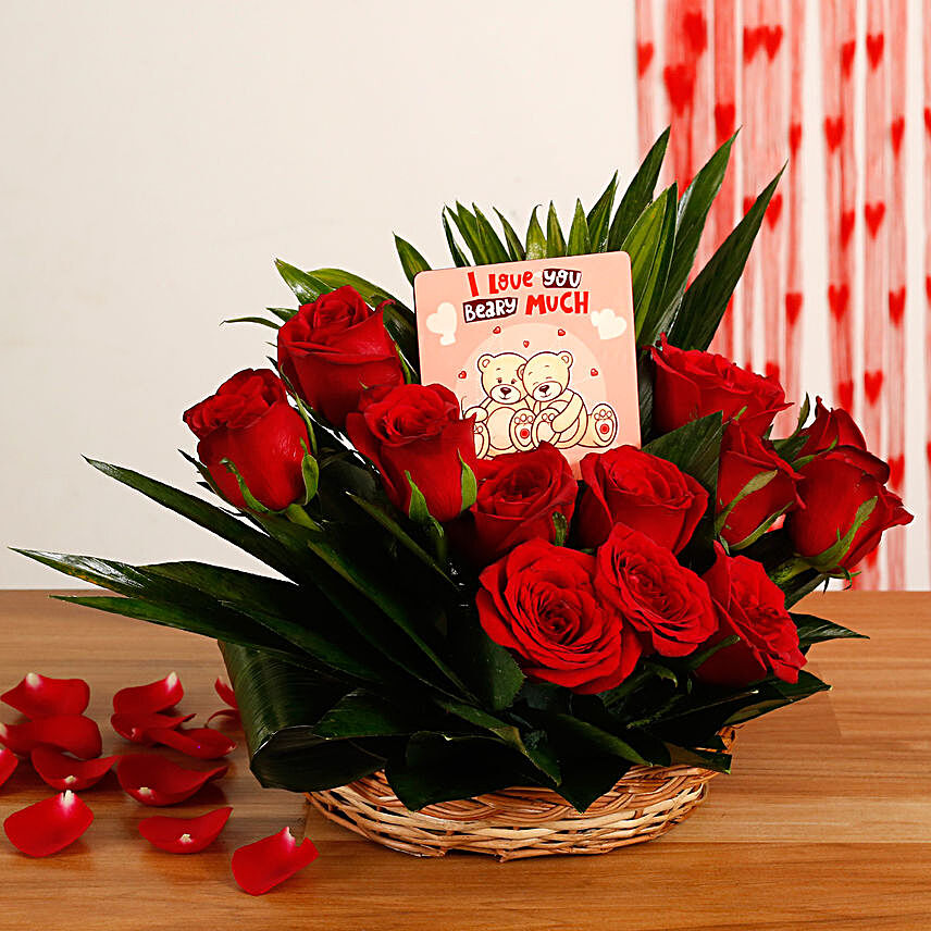 Red Roses Basket With Love Table Top