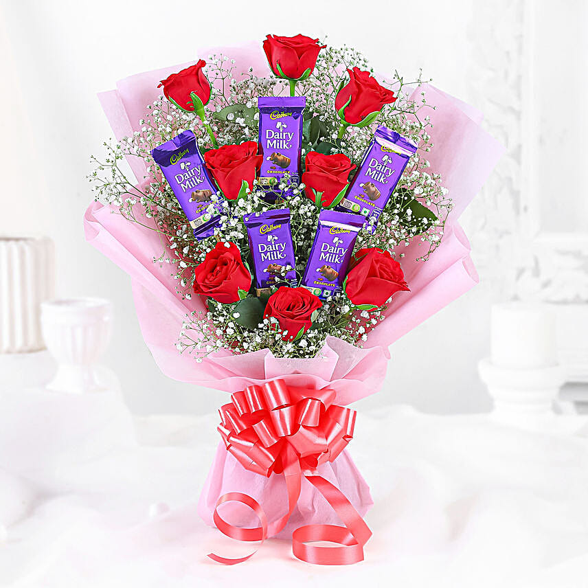 Red Roses Bouquet & Dairy Milk Chocolates