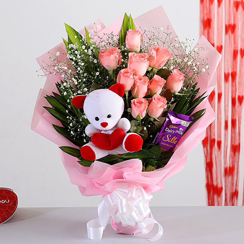 Pink Roses Bouquet With Chocolate & Teddy