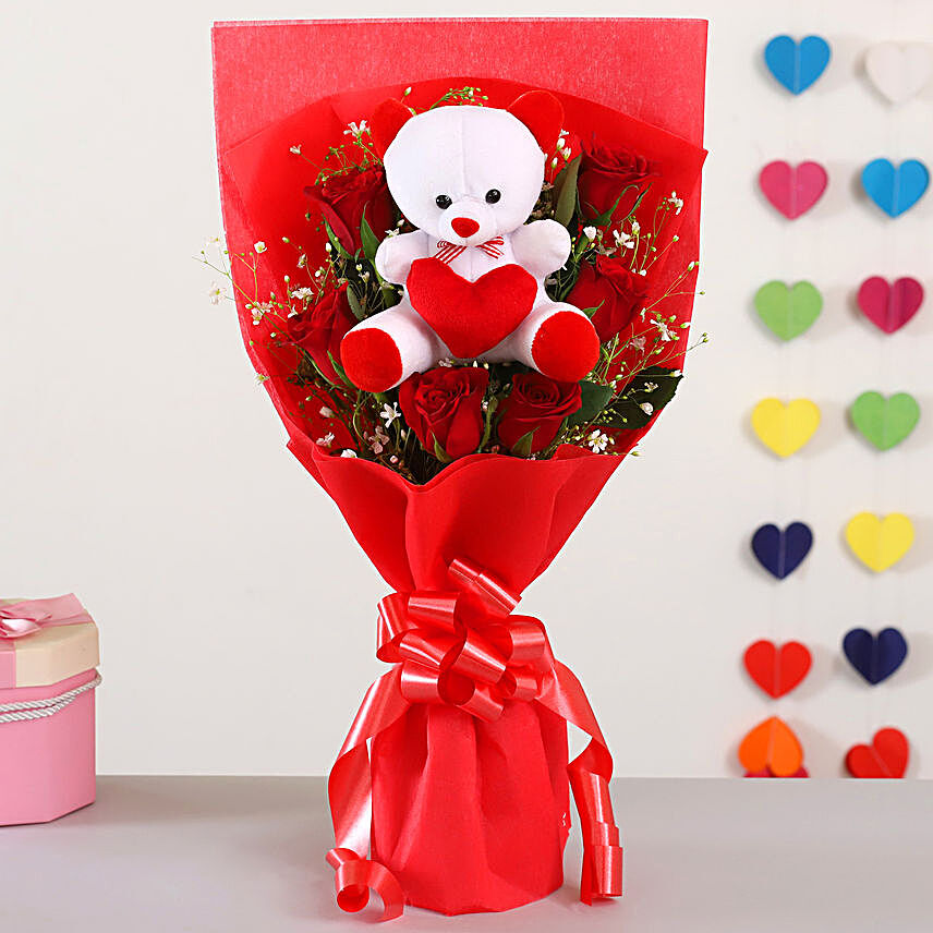 Red Roses Bouquet With Teddy Bear:Plush Soft Toys