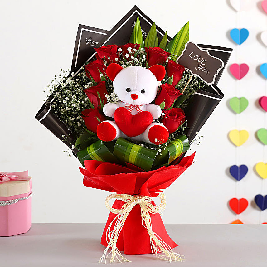 Red Roses Bunch & Teddy Bear Combo