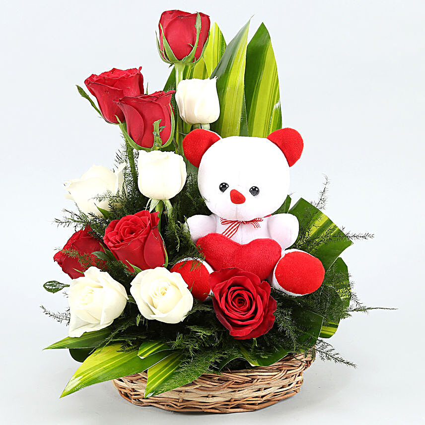 Mixed Roses Arrangement With Teddy