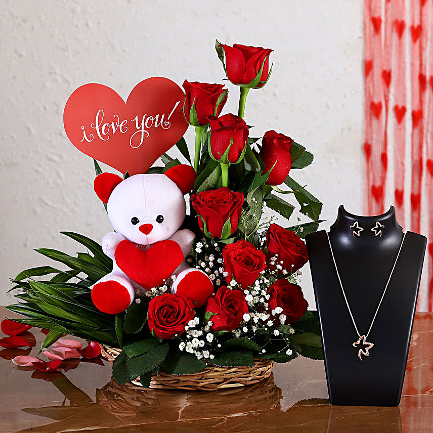 Red Roses Arrangement With Necklace Set & Teddy