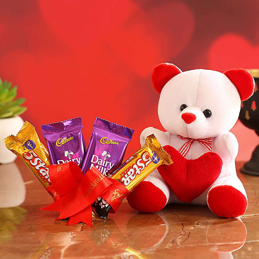 Cute Teddy With Dairy Milk and 5 Star