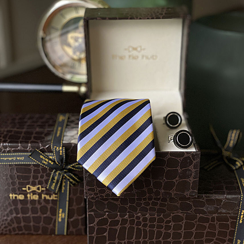 Yellow Striped Necktie & Premium Cufflinks Combo